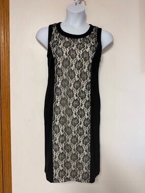 IMAN Floral Lace Front Desk to Dinner Cocktail Party Black Cream Dress size 2